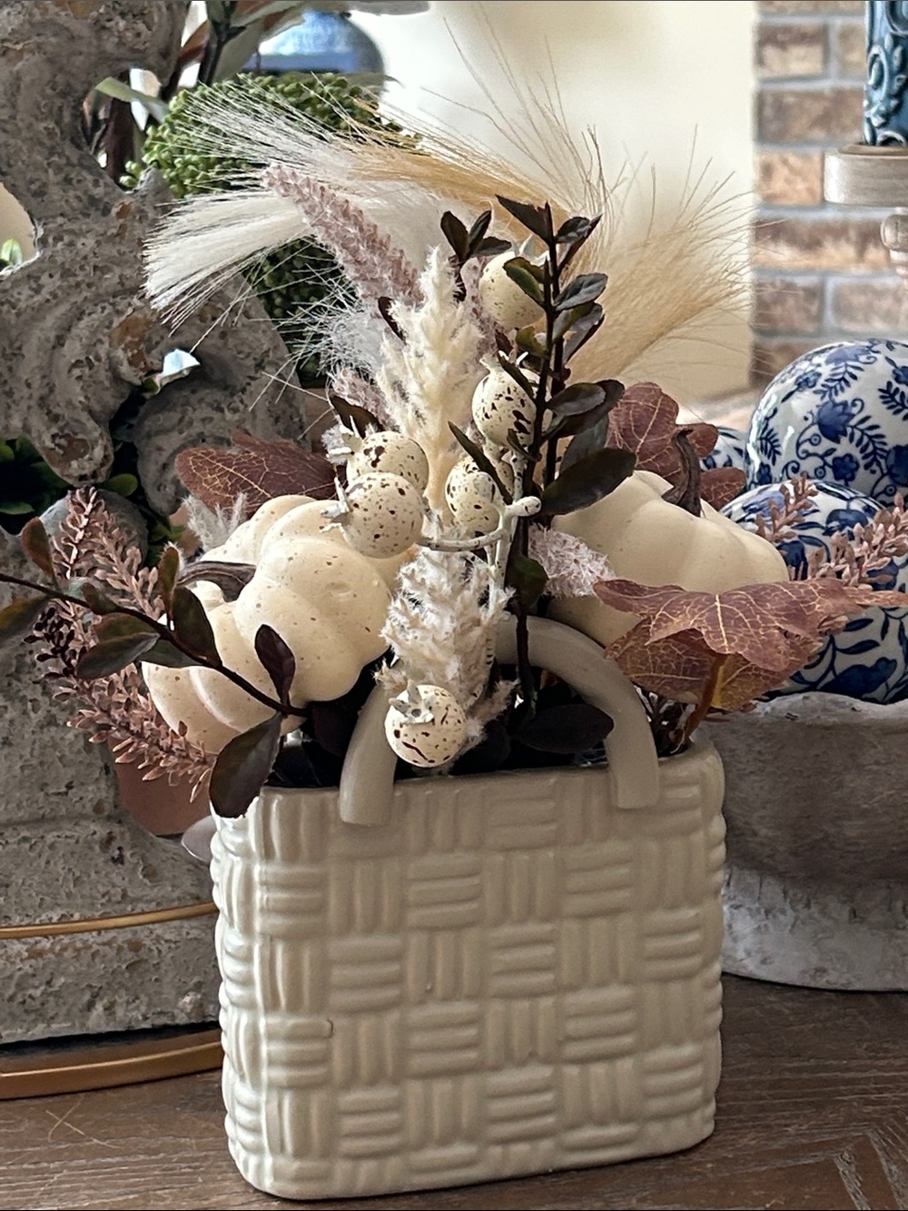 NEW! Shabby Chic Fall Harvest Floral Pumpkin White Ceramic Basket Centerpiece